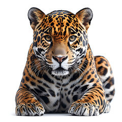 Obraz premium Majestic jaguar with spotted coat intense gaze and powerful build lying in a relaxed pose against a bright background.