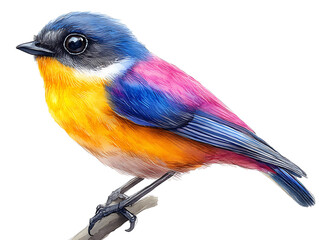 Obraz premium A vibrant colorful bird with yellow pink blue and black plumage perched delicately on a thin branch.