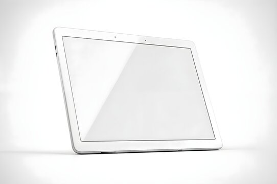 Angled view of white tablet with blank screen on white background