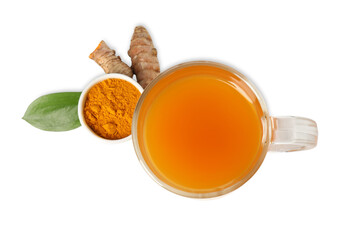 Aromatic turmeric tea in glass cup, roots, powder and green leaf isolated on white, top view