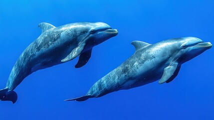 Naklejka premium Two dolphins swim gracefully in deep blue ocean water