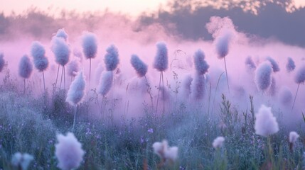 Naklejka premium Dreamlike Field of Fluffy White Plants in Soft Pink Mist