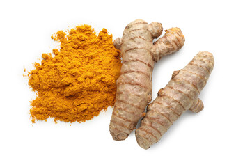 Pile of turmeric powder and roots isolated on white, top view