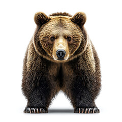 A majestic brown bear stands upright facing forward with a powerful build and a curious intense gaze against a stark white backdrop.