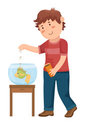 Vector illustration of a boy feeding his pet fish in a fishbowl on a stand. The scene captures a child caring for aquatic animals.