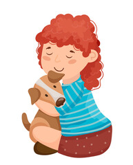Vector illustration of a girl hugging her pet dog in a simple scene. The scene captures a child cuddling with a pet.
