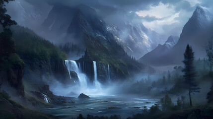 Fototapeta premium Misty veil wraps around the falls' base at dusk, mist, evening, darkness. Veiled Darkness. Illustration