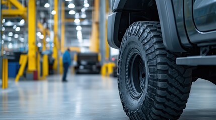 Close-Up View of Rugged Tire on Vehicle with Industrial Background in Automotive Workshop Setting