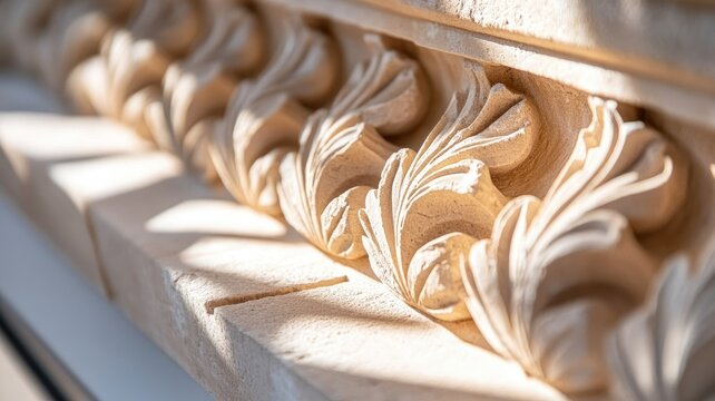 Close-up of ornate architectural details carved in stone, featuring leaf motifs