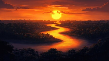 Fototapeta premium Sunset River Winding Through Lush Forest Landscape