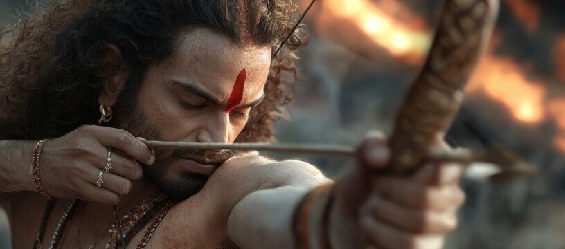 Rama Navami Celebration: honoring Lord Ram with bow and arrow, commemorating his divine birth, symbolizing strength, virtue, and the triumph of good, a significant Hindu festival of faith devotion.