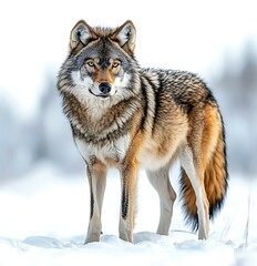 Obraz premium A lone coyote stands alert in a snowy landscape its fur a mix of brown gray and black.