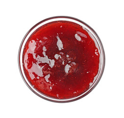 Tasty strawberry sauce in bowl isolated on white, top view