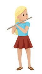Vector illustration of a girl playing a flute. The scene captures a child with a wind instrument.
