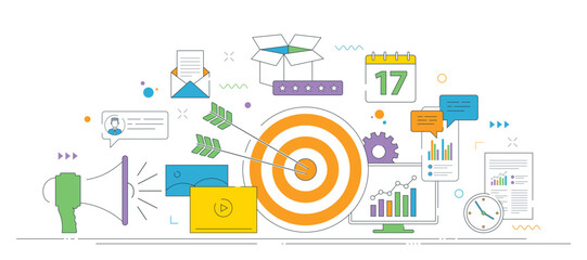 Marketing strategy, business growth, and communication with icons of goal, strategy planning, and analytics. Thin line icons design in vector.