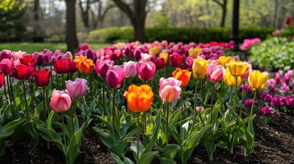 Vibrant multicolored tulips bloom in a spring garden