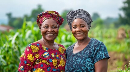 Happy women in traditional attire smiling together in a lush green rural setting with crops in the background