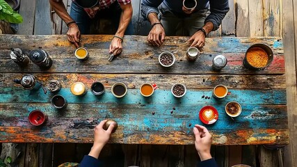 A vibrant coffee tasting session with diverse cups on a rustic wooden table, surrounded by nature