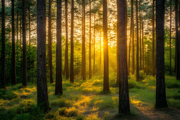 Fototapeta premium Tranquil Timber Forest Bathed in the Warm Glow of a Setting Sun: A Visual Celebration of Nature's Majesty