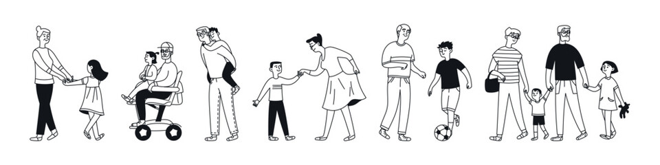 Set of Grandparents and grandchildren. Generation. Active games and communication. Isolated doodle illustration