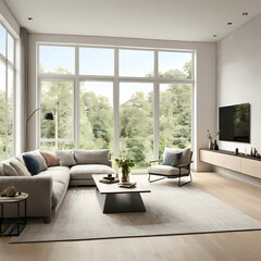 Obraz premium Modern living room large window left side has Energy efficient air conditioner 