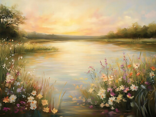 Vintage Spring Wildflower Field Sunset River