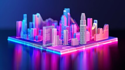 Futuristic neon city model with skyscrapers, vibrant colors and glowing details