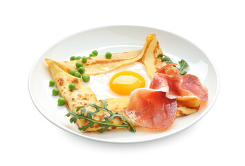 Delicious crepe with egg, bacon, green peas and arugula isolated on white