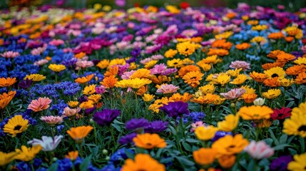 Vibrant Colorful Flowers Blooming In A Garden Bed
