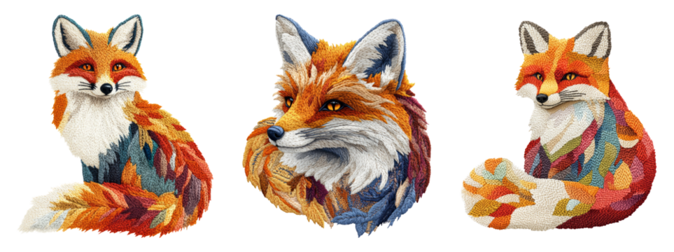 Colorful Illustrations of Foxes on Transparent Background