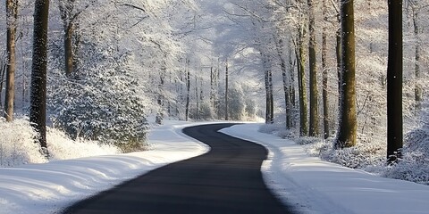A winding road travels through snow covered forest during winter