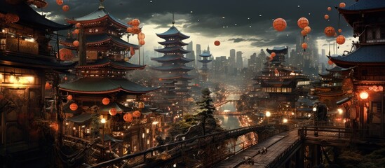 Fototapeta premium Traditional road of a old city in japan landscape. AI generated image