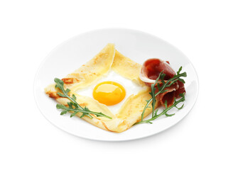 Delicious crepe bretonne with bacon and arugula isolated on white