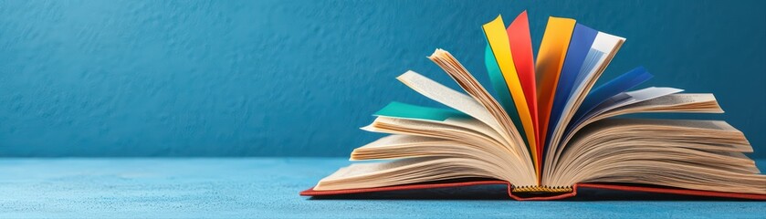 Open book with colorful pages on blue background