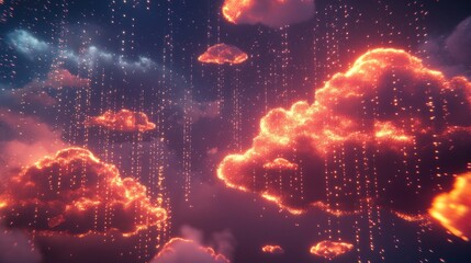 Glowing fiery clouds rain digital sparks in dark sky
