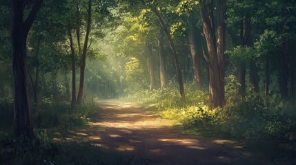 Obraz premium Sunlit Path Winds Through A Lush Forest Landscape Scene