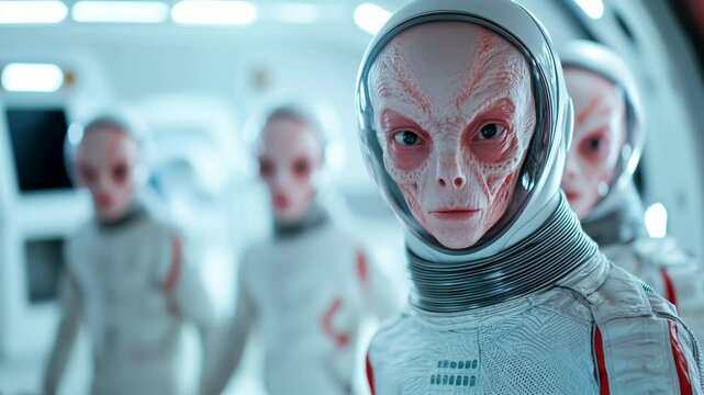 Group of out of space aliens posing inside their space ship ready to get out of the ship to invade planet earth