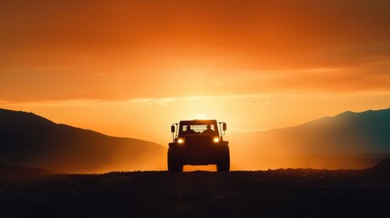 Fototapeta premium Off-road vehicle silhouette at sunset horizon