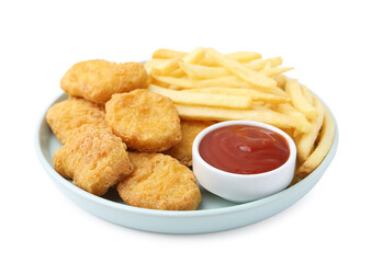 Tasty chicken nuggets and french fries with sauce isolated on white