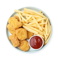 Naklejka premium Tasty chicken nuggets and french fries with sauce isolated on white, top view