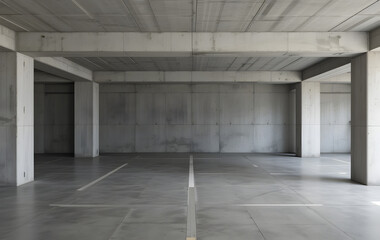 The basement room on the bottom floor of the building's parking lot is empty in an industrial cast concrete style. Abstract modern minimal background