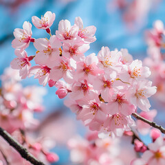 Obraz premium Cherry blossoms bloom in spring sunlight near a park