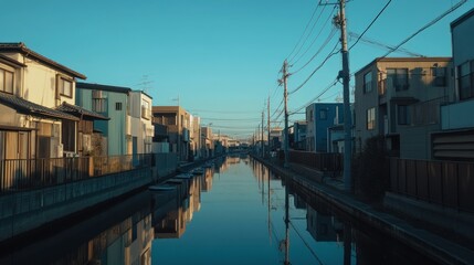 Serene Canal Reflecting Residential Buildings Under a Clear Sky