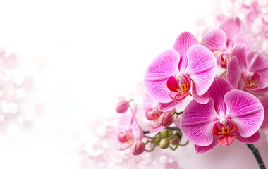 Beautiful floral background. Pink phalaenopsis orchids on a light background. Pastel colors. Selective focus. Beautiful Orchid border.Isolated on white. Orchid Flower border design.