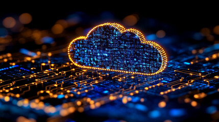 Cloud in a server room symbolizes cloud migration and digital transformation, representing a shift toward modern, efficient technology with a minimalistic and bright design