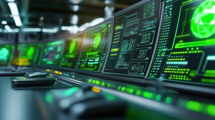 Fototapeta premium Futuristic Control Room with Green Screens Displaying Data