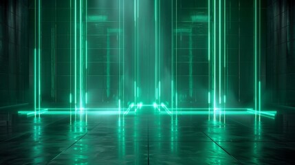 Futuristic scene with glowing green lines, reflections, and a dark background
