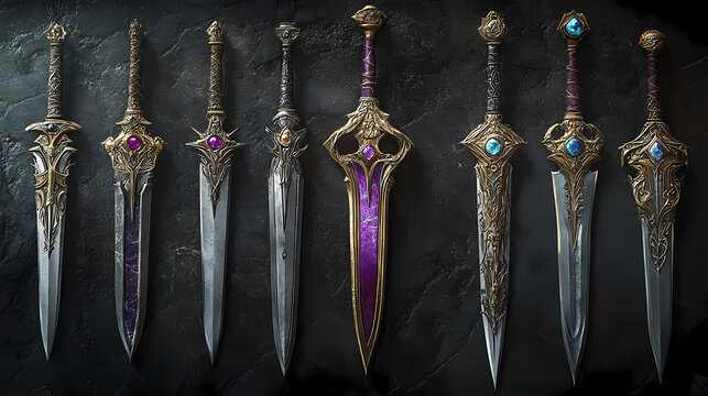 Seven ornate daggers with embedded jewels are displayed on a dark surface, evoking themes of fantasy, magic, and ritual. Warlocks Blade. Illustration