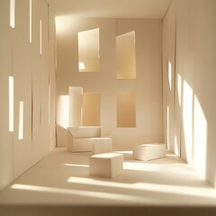 식물과 가구가 있는 햇살 가득한 미니멀 실내 공간, AI 생성