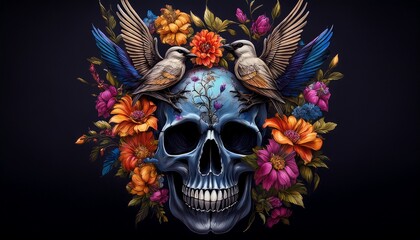 Naklejka premium skull with flowers and birds 